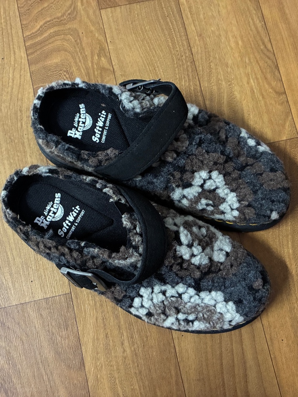 Dr. Martens Isham Crochet Wool Suede Mules Black/White/Gray Clogs EU 38 US 6M/7L